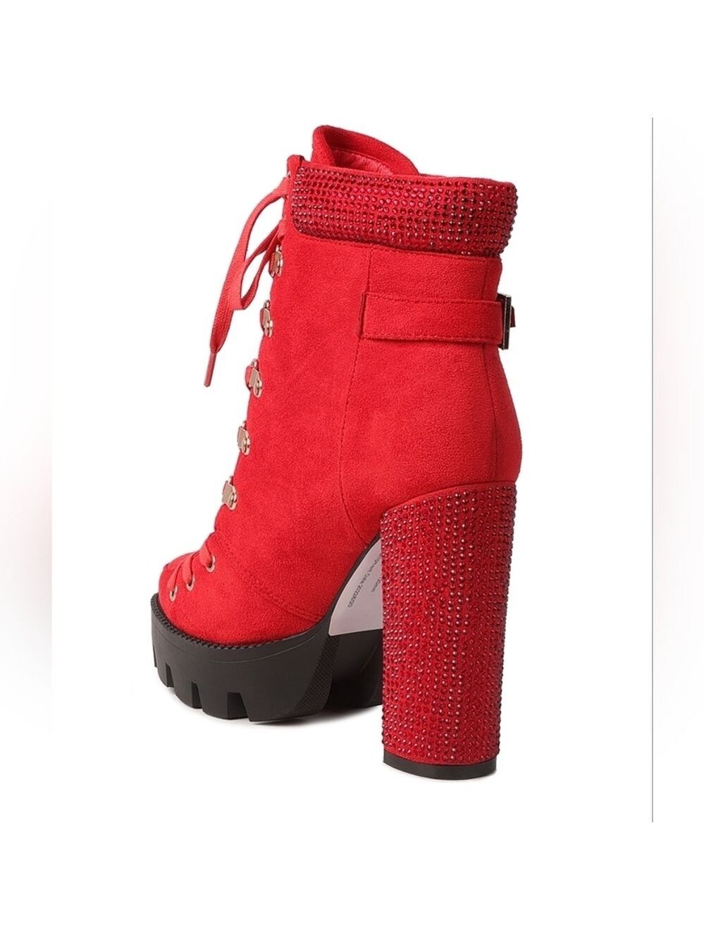 Red Lace-Up Platform Birch Diamante Block Heeled Ankle Boots Womens 8 - Picture 3 of 5